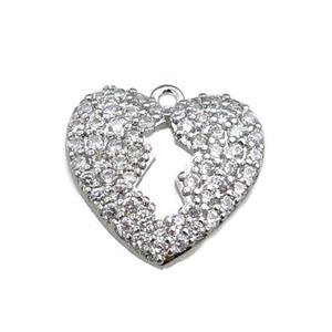 copper heart pendant paved zircon, platinum plated, approx 16mm [FN20970]
