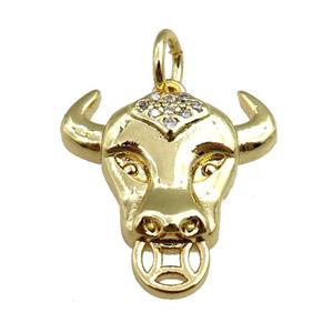 copper bullhead pendant pave zircon, gold plated, approx 18-20mm [FN20981]