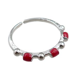 copper Rings with red enameled, adjustable, platinum plated, approx 20mm dia [FN21041]