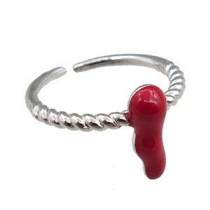 copper Rings with red enameled, adjustable, platinum plated, approx 5-13mm, 20mm dia [FN21054]
