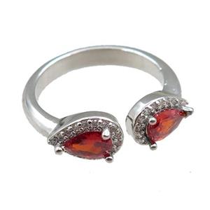 copper Rings pave red zircon, adjustable, platinum plated, approx 6-9mm, 20mm dia [FN21058]