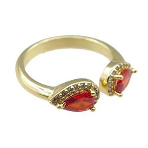 copper Rings pave red zircon, adjustable, gold plated, approx 6-9mm, 20mm dia [FN21062]