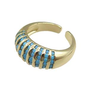 copper Rings pave blue zircon, adjustable, gold plated, approx 9.5mm, 20mm dia [FN21074]