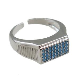 copper Rings pave blue zircon, adjustable, platinum plated, approx 9.5mm, 20mm dia [FN21081]