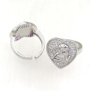 copper Rings pave zircon, heart, adjustable, platinum plated, approx 18mm, 20mm dia [FN21090]
