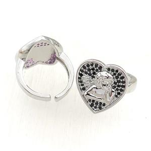 copper Rings pave black zircon, heart, adjustable, platinum plated, approx 18mm, 20mm dia [FN21091]