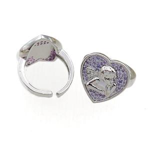 copper Rings pave purple zircon, heart, adjustable, platinum plated, approx 18mm, 20mm dia [FN21092]