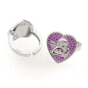 copper Rings pave hotpink zircon, heart, adjustable, platinum plated, approx 18mm, 20mm dia [FN21093]