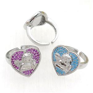 copper Rings pave zircon, heart, mixed, adjustable, platinum plated, approx 18mm, 20mm dia [FN21096]