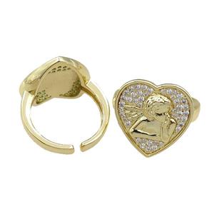 copper Rings pave zircon, heart, adjustable, gold plated, approx 18mm, 20mm dia [FN21097]