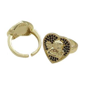 copper Rings pave black zircon, heart, adjustable, gold plated, approx 18mm, 20mm dia [FN21098]