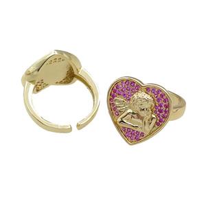 copper Rings pave hotpink zircon, heart, adjustable, gold plated, approx 18mm, 20mm dia [FN21100]