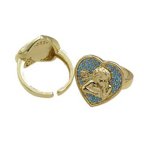 copper Rings pave blue zircon, heart, adjustable, gold plated, approx 18mm, 20mm dia [FN21101]