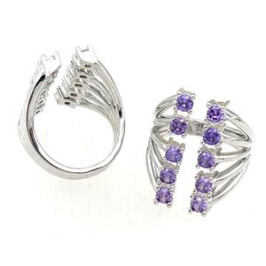 copper Rings pave purple zircon, adjustable, platinum plated, approx 20mm, 20mm dia [FN21105]