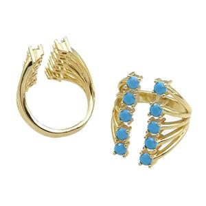 copper Rings pave blue zircon, adjustable, gold plated, approx 20mm, 20mm dia [FN21115]