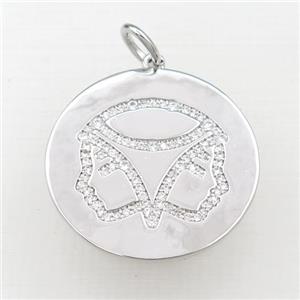copper circle pendant pave zircon, zodiac Gemini, platinum plated, approx 28mm dia [FN21163]