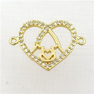 copper heart MOM connector paved zircon, gold plated, approx 16-18mm [FN21164]