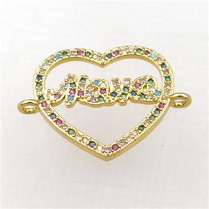 copper heart MAMA connector paved zircon, gold plated, approx 18-21mm [FN21165]
