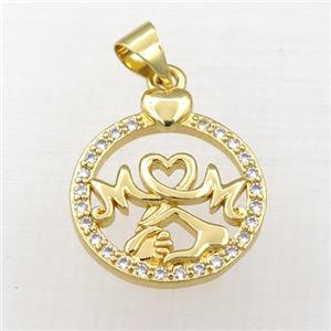 copper circle MOM pendant paved zircon, gold plated, approx 17mm [FN21166]