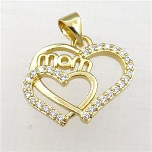 copper heart MOM pendant paved zircon, gold plated, approx 15-18mm [FN21169]