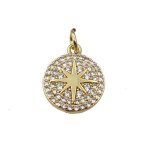 copper circle pendant pave zircon with northstar, gold plated, approx 11mm dia [FN21188]