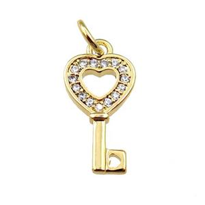 copper key charm pendant pave zircon, gold plated, approx 8-13.5mm [FN21205]