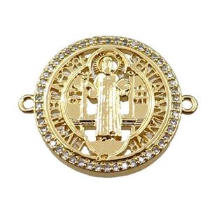 copper Saint Religious connector pave zircon, circle, gold plated, approx 21mm dia [FN21256]