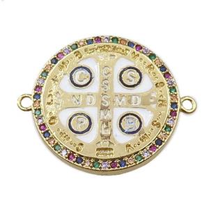copper anglican cross connector pave zircon, circle, gold plated, approx 22mm dia [FN21257]