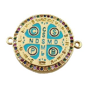 copper anglican cross connector pave zircon, circle, gold plated, approx 22mm dia [FN21259]