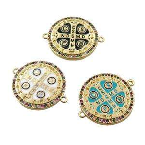 copper anglican cross connector pave zircon, circle, mixed, gold plated, approx 22mm dia [FN21260]