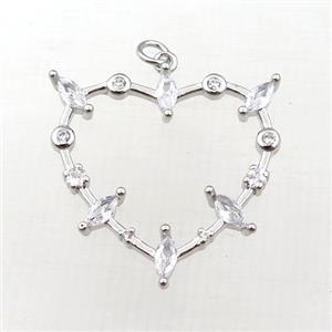 copper heart pendant pave zircon, platinum plated, approx 28mm [FN21283]