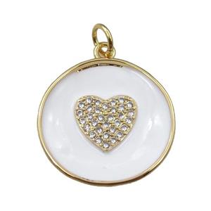 copper circle pendant pave zircon with white enameled, heart, gold plated, approx 20mm dia [FN21313]