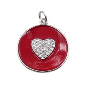 copper circle pendant pave zircon with red enameled, heart, platinum plated, approx 20mm dia [FN21315]