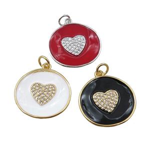 copper circle pendant pave zircon with enameled, heart, mixed, approx 20mm dia [FN21316]