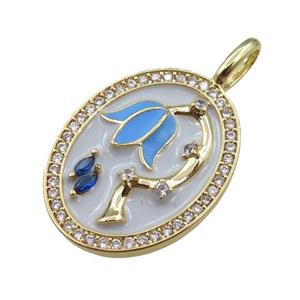 copper oval pendant pave zircon with blue lotus charm, gold plated, approx 18-23mm [FN21319]