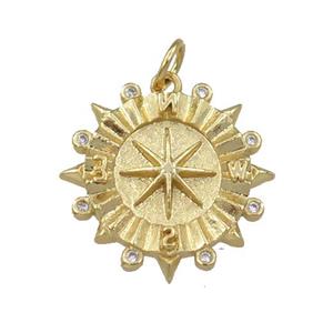 copper compass pendant pave zircon, gold plated, approx 20mm dia [FN21330]