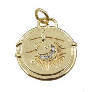 copper circle pendant pave zircon, moon, gold plated, approx 18mm dia [FN21331]