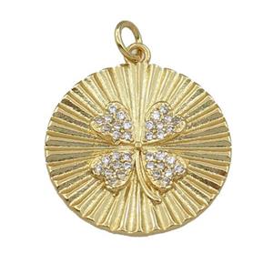 copper circle pendant pave zircon, clover, gold plated, approx 20mm dia [FN21334]