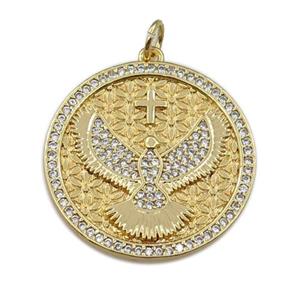 copper circle pendant pave zircon, eagle, gold plated, approx 25mm dia [FN21335]