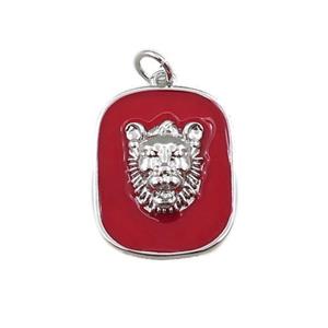 copper rectangle pendant with leopard, red enamel, platinum plated, approx 16-20mm [FN21348]