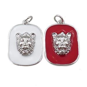 copper rectangle pendant with leopard, enamel, mixed, platinum plated, approx 16-20mm [FN21349]