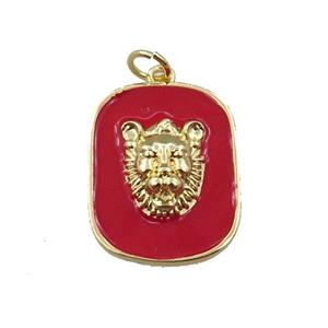 copper rectangle pendant with leopard, red enamel, gold plated, approx 16-20mm [FN21351]