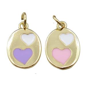 copper oval pendant with double heart, enamel, mixed, gold plated, approx 10-12.5mm [FN21362]