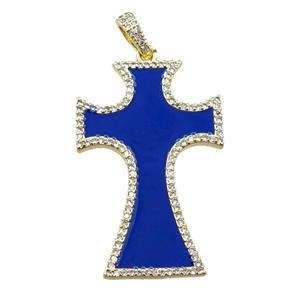 copper cross pendant pave zircon with blue enameled, gold plated, approx 24-37mm [FN21391]