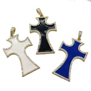 copper cross pendant pave zircon with enameled, mixed, gold plated, approx 24-37mm [FN21392]