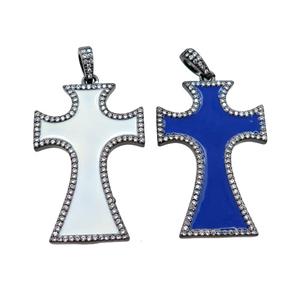 copper cross pendant pave zircon with enameled, mixed, black plated, approx 24-37mm [FN21395]