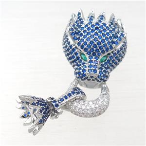 copper clasp pave blue zircon, lion, platinum plated, approx 12mm, 20-22mm [FN21397]