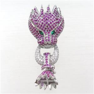 copper clasp pave hotpink zircon, lion, platinum plated, approx 12mm, 20-22mm [FN21398]