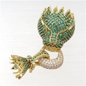 copper clasp pave green zircon, lion, gold plated, approx 12mm, 20-22mm [FN21399]