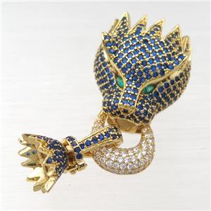 copper clasp pave blue zircon, lion, gold plated, approx 12mm, 20-22mm [FN21400]